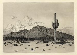 George Elbert Burr, Camelback Mountain, Phoenix , Arizona, etching, circa 1925, engraving, fine art, for sale, denver, gallery, colorado, antique, buy, purchase