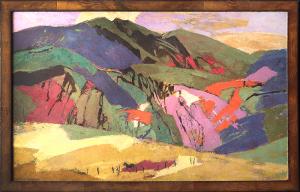 Ethel Magafan, The Meadow Beyond Colorado Mountains, modernist landscape painting, tempera, circa 1970