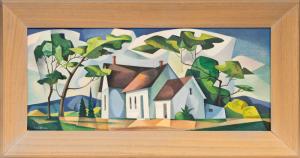 William Sanderson, "Homestead", oil, painting, landscape, Modernist, house, trees, clouds, trees, mountains, white, green, blue, Colorado 15, Fifteen Colorado Artists, Fine art, art, for sale, buy, purchase, Denver, Colorado, gallery, historic, antique, vintage, artwork, midcentury, modern	 