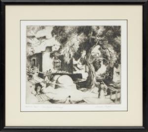 Gene kloss, Alice, Geneva, Glasier, Kloss, Courtyard in Chimayo, New Mexico, etching, 1973, black and white, print, drypoint, woman, artist, female, Fine art, art, for sale, buy, purchase, Denver, Colorado, gallery, historic, antique, vintage, artwork, original, authentic 