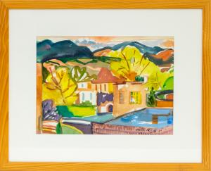 Rita Derjue, Santa Fe, New Mexico, painting, landscape, adobe, plaza, mountain, tree, woman, female, artist, modern, watercolor, 2005, 21st century, contemporary, cityscape, Fine art, art, for sale, buy, purchase, Denver, Colorado, gallery, historic, antique, vintage, artwork, original, authentic 