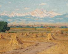 Charles Partridge Adams, "Untitled (Haystacks, Longs Peak from Near Longmont, Colorado)", oil, c. 1900 painting for sale