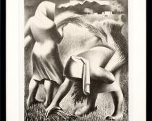 Kenneth Miller Adams, "Harvest (Reapers)", lithograph, circa 1941, vintage art for sale, wheat, modernism, modern, female figures, black & white, new mexico