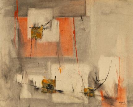 Charles Bunnell, Abstract in Gray, White, Orange, Red, Yellow and Black, oil, 1963, 1960s, midcentury, mid century, modern, abstract, abstract expressionist, expressionism, charles ragland bunnell, Fine art, for sale, vintage, historic, antique, gallery, art, Denver, Colorado, broadmoor academy, colorado springs fine arts center