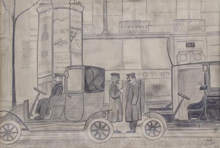 Hilaire Hiler, "Untitled (Taxi Drivers, Paris, France)", graphite, 1927, vintage, drawing, black, white, gray, male figures, taxi cab, paris, france, french street scene