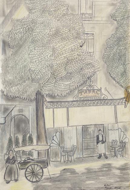Hilaire Hiler, "Untitled (Paris Café, France)", graphite, 1925, vintage art, for sale, drawing, painting, paris, cafe, french, street, tree, vendor, wagon, garcon, waiter, kitchen