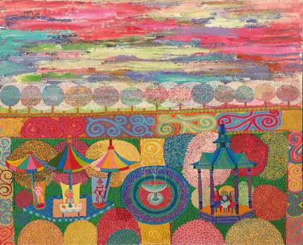Edward Marecak, Isis, Venus, Hera, and the Three Fates, oil, 1987, vintage, painting, abstract, mythology, red, green, pink, yellow, blue, purple