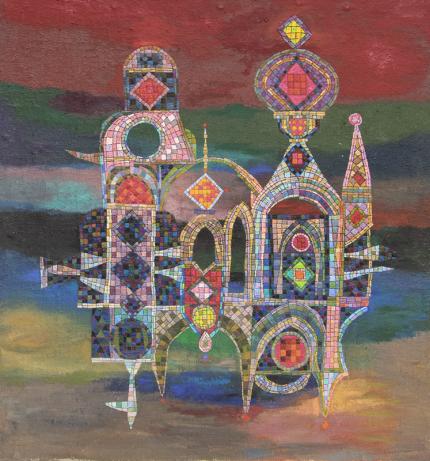 Edward Marecak, "The Floating Castle", oil, 1980's, painting, for sale, abstract, art, green, red, yellow, green, pink, white, blue