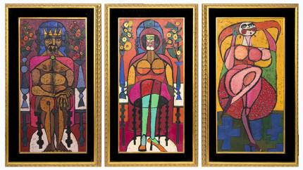 Edward Marecak, "The Dance Of Salome" Triptych, oil painting, for sale, 1967, 1960s, vintage, art for sale, Abstract, figurative, nude, biblical art, dance of the seven veils, fuchsia, red, pink, gold, yellow, blue, brown, green, purple