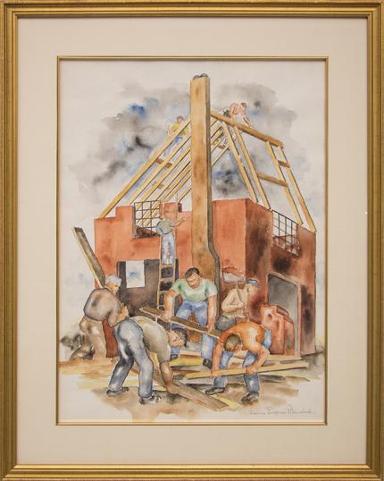 Louise Emerson Ronnebeck, "Building Boom", watercolor, 1937 painting fine art for sale purchase buy sell auction consign denver colorado art gallery museum