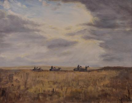 Anna H. Essick, "Modern Monsters (Harvesting Wheat, Colorado)", oil, 1949