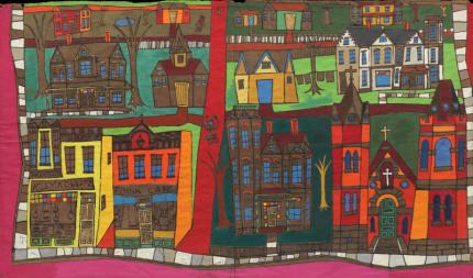Edward Marecak, Cityscape with Houses and Storefronts, acrylic, painting, circa 1960s, Vintage, Fine art, original, for sale, purchase, gallery, museum, Denver, Colorado, consign, midcentury, mid century, mid-century, modern