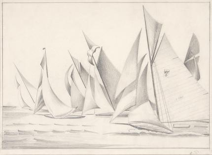 Arnold Ronnebeck, "Sailboat Races", graphite, circa 1932-36, original vintage drawing, black & white, gray, modernism, yacht, sailing, marine
