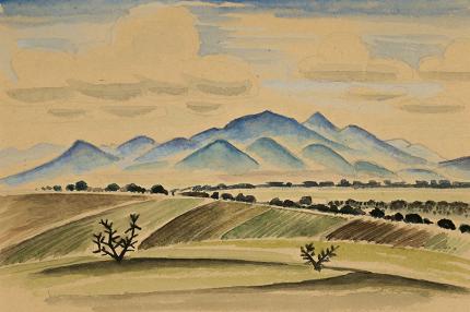 Arnold Ronnebeck, "Fields and Mountains, New Mexico", watercolor, vintage landscape painting for sale, circa 1927