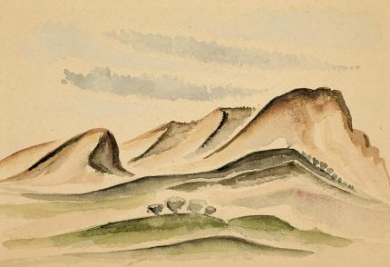 Arnold Ronnebeck, New Mexico Hills, watercolor, circa 1927, vintage landscape painting for sale, green, brown, blue