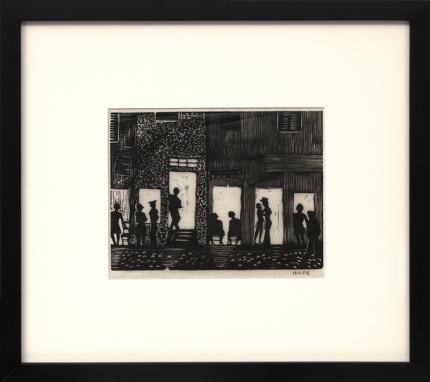 Hilaire Hiler, art for sale, "Night Life, Paris, France", woodcut, Woodblock, print, circa 1928, vintage, signed, framed, black and white