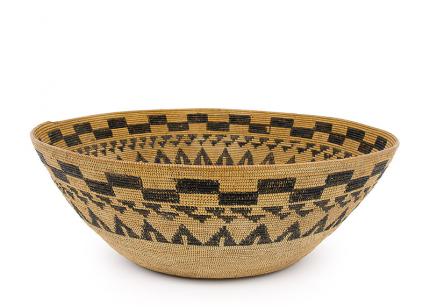 Apache Basket Bowl, Southwestern Native American woven, willow, devils claw, black, brown, beige 