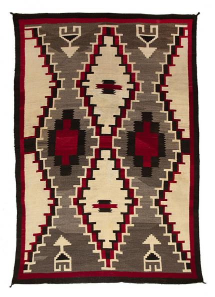 vintage navajo rug, ganado trading post, circa 1930, red, ivory, white, black, gray, brown