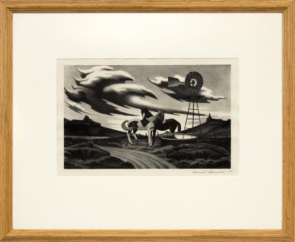 James Russell Sherman, "Untitled (Modernist Farm Landscape with Windmill & Horses Watering)", lithograph, 1937, wpa era art for sale, american scene, regionalism, black and white