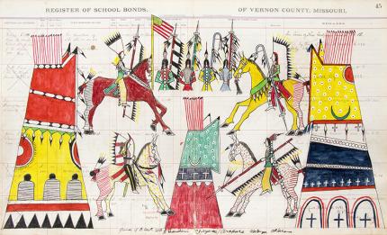 James Black, "Bow String Society Initiation", mixed media, 2021, cheyenne, plains, indian, native american art for sale, contemporary, living artist, red, yellow, black, green, blue, vernon county, missouri, ledger art