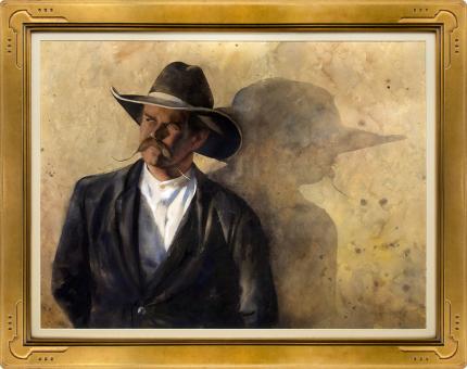 William Matthews, Portrait, Cowboy, Hat, Moustache, watercolor, circa 1990-2000, western art, contemporary, willy, black, beige, gold, white, blue