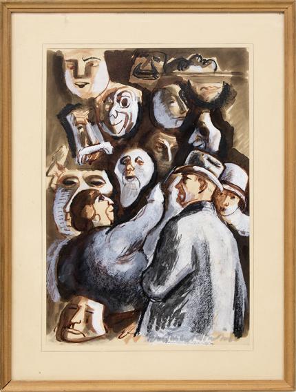 Boardman Robinson, "The Vendor of Masques", gouache, circa 1930, masks, circus, colorado springs, broadmoor academy, colorado springs fine arts center, vintage art for sale