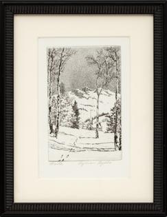 Lyman Byxbe, Winter, Mountain Landscape, Snow, near Estes Park, Colorado, etching, black, white, print, Fine art, art, for sale, buy, purchase, Denver, Colorado, gallery, historic, antique, vintage, artwork, original, authentic