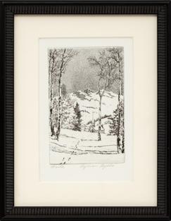 Lyman Byxbe, Winter, Mountain Landscape, Snow, near Estes Park, Colorado, etching, black, white, print, Fine art, art, for sale, buy, purchase, Denver, Colorado, gallery, historic, antique, vintage, artwork, original, authentic	 