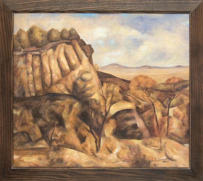 John Edward Thompson, Untitled (Colorado Mesa), oil, circa 1935 painting southwestern landscape painting landscape painting with purples, browns, and greens historic colorado landscape painting
