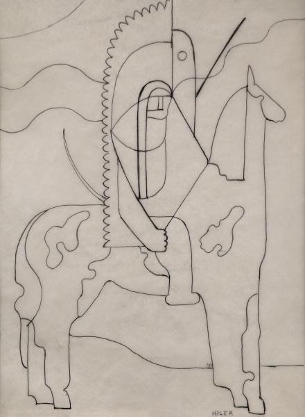 Hilaire Hiler Native American indian plains chief feather headdress cheyenne horse pinto black and white line drawing modernist abstract