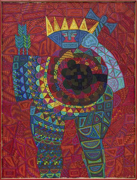 Edward Marecak, The Warlord, oil painting, for sale, 1990, vintage, art, denver, modern, abstract, modernist, cubist, arrows, red, blue, yellow, green, orange, pink, purple