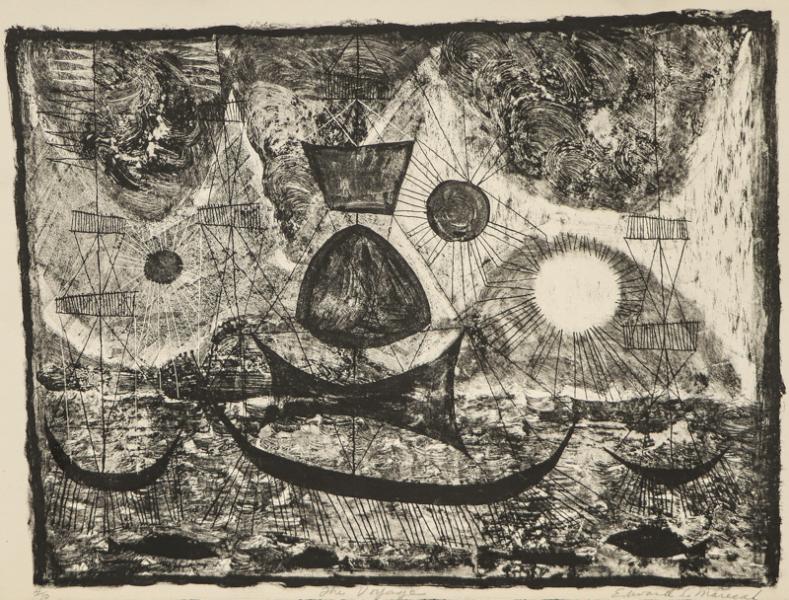 Edward Marecak, the voyage, woodcut, Woodblock, circa 1940, 1950, 1960, 1970, black, white, print,  Vintage, Fine art, for sale, purchase, gallery, museum, Denver, Colorado, consign, midcentury, mid century, mid-century, modern