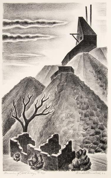 Arnold Ronnebeck, Memories of Gold Days (Old Mine Ruins, Colorado), lithograph, 1933, vintage, art for sale, wpa era, mining, mountain landscape, black, white, ghost town