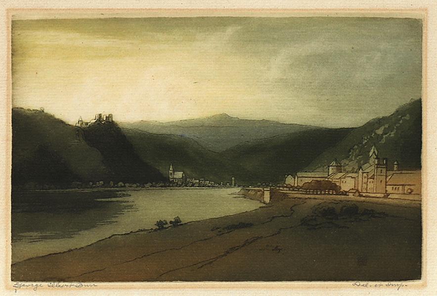 George Elbert Burr, Rhine at Caub, Germany, etching, circa 1905, engraving, fine art, for sale, denver, gallery, colorado, antique, buy, purchase