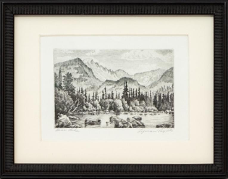 Lyman Byxbe, Bear Lake, Rocky Mountain National Park, Colorado, etching, print, black, white, Fine art, art, for sale, buy, purchase, Denver, Colorado, gallery, historic, antique, vintage, artwork, original, authentic	